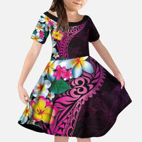 Hawaiian Plumeria-Polynesian Art Tattoo Plum Pink Color Family Matching Short Sleeve Bodycon Dress and Hawaiian Shirt