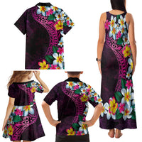 Hawaiian Plumeria-Polynesian Art Tattoo Plum Pink Color Family Matching Tank Maxi Dress and Hawaiian Shirt