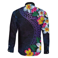 Hawaiian Plumeria-Polynesian Art Tattoo Frosted Blue Violet Color Family Matching Off The Shoulder Long Sleeve Dress and Hawaiian Shirt