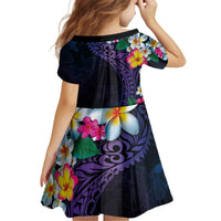 Hawaiian Plumeria-Polynesian Art Tattoo Frosted Blue Violet Color Kid Short Sleeve Dress LT03 - Polynesian Pride
