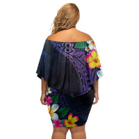 Hawaiian Plumeria-Polynesian Art Tattoo Frosted Blue Violet Color Off Shoulder Short Dress
