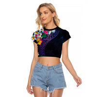 Hawaiian Plumeria-Polynesian Art Tattoo Frosted Blue Violet Color Raglan Cropped T Shirt