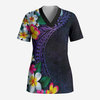 Hawaiian Plumeria-Polynesian Art Tattoo Frosted Blue Violet Color Scrub Top - Polynesian Pride