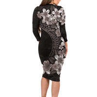 Hawaiian Plumeria-Polynesian Art Tattoo Grayscale Color Family Matching Long Sleeve Bodycon Dress and Hawaiian Shirt