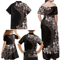 Hawaiian Plumeria-Polynesian Art Tattoo Grayscale Color Family Matching Off Shoulder Maxi Dress and Hawaiian Shirt