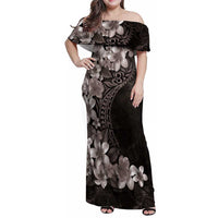 Hawaiian Plumeria-Polynesian Art Tattoo Grayscale Color Family Matching Off Shoulder Maxi Dress and Hawaiian Shirt