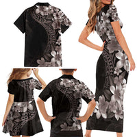 Hawaiian Plumeria-Polynesian Art Tattoo Grayscale Color Family Matching Short Sleeve Bodycon Dress and Hawaiian Shirt