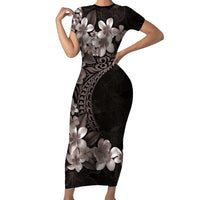 Hawaiian Plumeria-Polynesian Art Tattoo Grayscale Color Short Sleeve Bodycon Dress