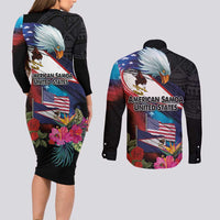 American Samoa and United States Together Couples Matching Long Sleeve Bodycon Dress and Long Sleeve Button Shirt National Flag with Eagle-Hibiscus and Rose