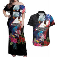 American Samoa and United States Together Couples Matching Off Shoulder Maxi Dress and Hawaiian Shirt National Flag with Eagle-Hibiscus and Rose