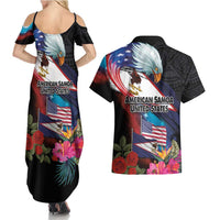 American Samoa and United States Together Couples Matching Summer Maxi Dress and Hawaiian Shirt National Flag with Eagle-Hibiscus and Rose
