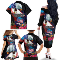 American Samoa and United States Together Family Matching Off The Shoulder Long Sleeve Dress and Hawaiian Shirt National Flag with Eagle-Hibiscus and Rose