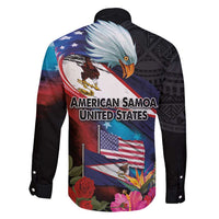 American Samoa and United States Together Family Matching Off Shoulder Short Dress and Hawaiian Shirt National Flag with Eagle-Hibiscus and Rose