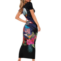 American Samoa and United States Together Family Matching Short Sleeve Bodycon Dress and Hawaiian Shirt National Flag with Eagle-Hibiscus and Rose