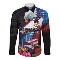 American Samoa and United States Together Long Sleeve Button Shirt National Flag with Eagle-Hibiscus and Rose
