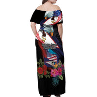 American Samoa and United States Together Off Shoulder Maxi Dress National Flag with Eagle-Hibiscus and Rose