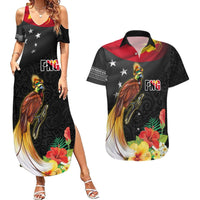 Papua New Guinea Independence Day Couples Matching Summer Maxi Dress and Hawaiian Shirt PNG Flag and Bird-of-Paradise LT03 Black - Polynesian Pride