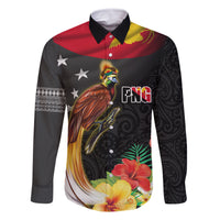 Papua New Guinea Independence Day Family Matching Summer Maxi Dress and Hawaiian Shirt PNG Flag and Bird-of-Paradise LT03 Dad's Shirt - Long Sleeve Black - Polynesian Pride