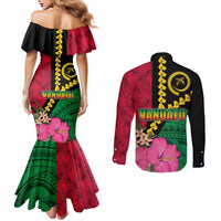 Vanuatu Flag Hibiscus Polynesian Pattern Couples Matching Mermaid Dress and Long Sleeve Button Shirt LT03 - Polynesian Pride