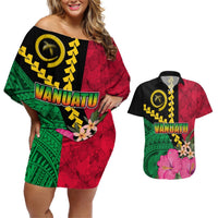 Vanuatu Flag Hibiscus Polynesian Pattern Couples Matching Off Shoulder Short Dress and Hawaiian Shirt LT03 Black - Polynesian Pride