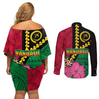 Vanuatu Flag Hibiscus Polynesian Pattern Couples Matching Off Shoulder Short Dress and Long Sleeve Button Shirt LT03 - Polynesian Pride