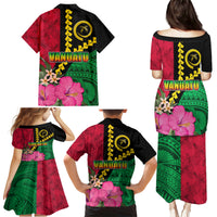 Vanuatu Flag Hibiscus Polynesian Pattern Family Matching Puletasi and Hawaiian Shirt