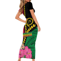 Vanuatu Flag Hibiscus Polynesian Pattern Short Sleeve Bodycon Dress