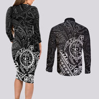 Hawaii Monk Seal and Dolphin Couples Matching Long Sleeve Bodycon Dress and Long Sleeve Button Shirt Polynesian Kakau Pattern Black White Color LT03 - Polynesian Pride