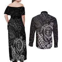 Hawaii Monk Seal and Dolphin Couples Matching Off Shoulder Maxi Dress and Long Sleeve Button Shirt Polynesian Kakau Pattern Black White Color LT03 - Polynesian Pride