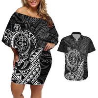 Hawaii Monk Seal and Dolphin Couples Matching Off Shoulder Short Dress and Hawaiian Shirt Polynesian Kakau Pattern Black White Color LT03 Black - Polynesian Pride