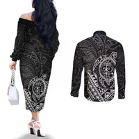 Hawaii Monk Seal and Dolphin Couples Matching Off The Shoulder Long Sleeve Dress and Long Sleeve Button Shirt Polynesian Kakau Pattern Black White Color LT03 - Polynesian Pride