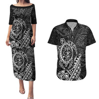 Hawaii Monk Seal and Dolphin Couples Matching Puletasi and Hawaiian Shirt Polynesian Kakau Pattern Black White Color LT03 Black - Polynesian Pride