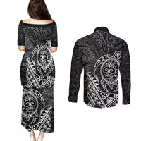 Hawaii Monk Seal and Dolphin Couples Matching Puletasi and Long Sleeve Button Shirt Polynesian Kakau Pattern Black White Color LT03 - Polynesian Pride