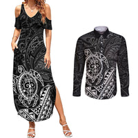 Hawaii Monk Seal and Dolphin Couples Matching Summer Maxi Dress and Long Sleeve Button Shirt Polynesian Kakau Pattern Black White Color LT03 Black - Polynesian Pride