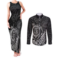 Hawaii Monk Seal and Dolphin Couples Matching Tank Maxi Dress and Long Sleeve Button Shirt Polynesian Kakau Pattern Black White Color LT03 Black - Polynesian Pride