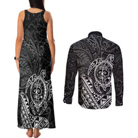 Hawaii Monk Seal and Dolphin Couples Matching Tank Maxi Dress and Long Sleeve Button Shirt Polynesian Kakau Pattern Black White Color LT03 - Polynesian Pride