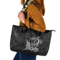 Hawaii Monk Seal and Dolphin Leather Tote Bag Polynesian Kakau Pattern Black White Color LT03 Black - Polynesian Pride