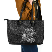 Hawaii Monk Seal and Dolphin Leather Tote Bag Polynesian Kakau Pattern Black White Color LT03 - Polynesian Pride