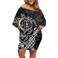 Hawaii Monk Seal and Dolphin Off Shoulder Short Dress Polynesian Kakau Pattern Black White Color LT03 Women Black - Polynesian Pride