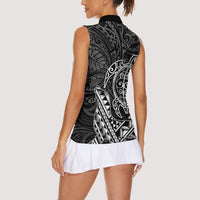 Hawaii Monk Seal and Dolphin Women Sleeveless Polo Shirt Polynesian Kakau Pattern Black White Color