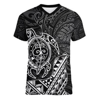 Hawaii Monk Seal and Dolphin Women V-Neck T-Shirt Polynesian Kakau Pattern Black White Color