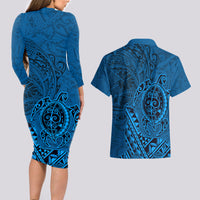 Hawaii Monk Seal and Dolphin Couples Matching Long Sleeve Bodycon Dress and Hawaiian Shirt Polynesian Kakau Pattern Blue LT03 - Polynesian Pride