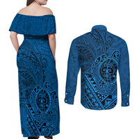 Hawaii Monk Seal and Dolphin Couples Matching Off Shoulder Maxi Dress and Long Sleeve Button Shirt Polynesian Kakau Pattern Blue LT03 - Polynesian Pride