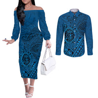 Hawaii Monk Seal and Dolphin Couples Matching Off The Shoulder Long Sleeve Dress and Long Sleeve Button Shirt Polynesian Kakau Pattern Blue LT03 Blue - Polynesian Pride