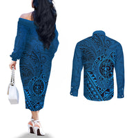 Hawaii Monk Seal and Dolphin Couples Matching Off The Shoulder Long Sleeve Dress and Long Sleeve Button Shirt Polynesian Kakau Pattern Blue LT03 - Polynesian Pride