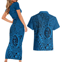Hawaii Monk Seal and Dolphin Couples Matching Short Sleeve Bodycon Dress and Hawaiian Shirt Polynesian Kakau Pattern Blue LT03 - Polynesian Pride