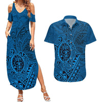 Hawaii Monk Seal and Dolphin Couples Matching Summer Maxi Dress and Hawaiian Shirt Polynesian Kakau Pattern Blue LT03 Blue - Polynesian Pride