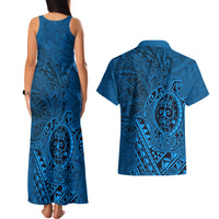 Hawaii Monk Seal and Dolphin Couples Matching Tank Maxi Dress and Hawaiian Shirt Polynesian Kakau Pattern Blue LT03 - Polynesian Pride