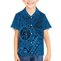 Hawaii Monk Seal and Dolphin Family Matching Off The Shoulder Long Sleeve Dress and Hawaiian Shirt Polynesian Kakau Pattern Blue