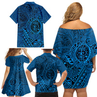 Hawaii Monk Seal and Dolphin Family Matching Off Shoulder Short Dress and Hawaiian Shirt Polynesian Kakau Pattern Blue LT03 - Polynesian Pride